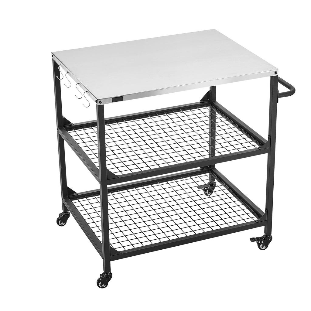 Outdoor Grill Cart, 800 X 610mm Stainless Steel Tabletop Size Grilling Table, Outdoor Cooking Table with 4 Wheels & Side Handle, Two Mesh Shelves, BBQ