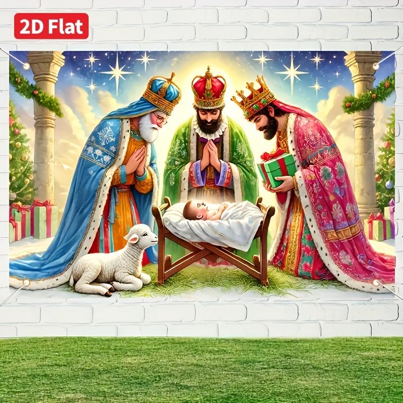2D Flat Banner 1 Piece Three Wise Men Carrying Gifts Christmas Scene Durable Design No Need for Power Supply