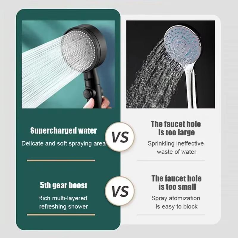 Five-mode high-pressure shower head, adjustable shower head with hose, water-saving, one-button nozzle stop.