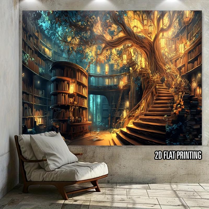 VIKAMAMagic Fairy Tale Tree Bookshelf Background Wall Tapestry Suitable for Party Photography Background Living Room Decoration