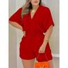 Summer V-Neck Jumpsuit with Drawstring Waist in Multiple Colors Women's casual V-neck jumpsuit; women's casual V-neck romper