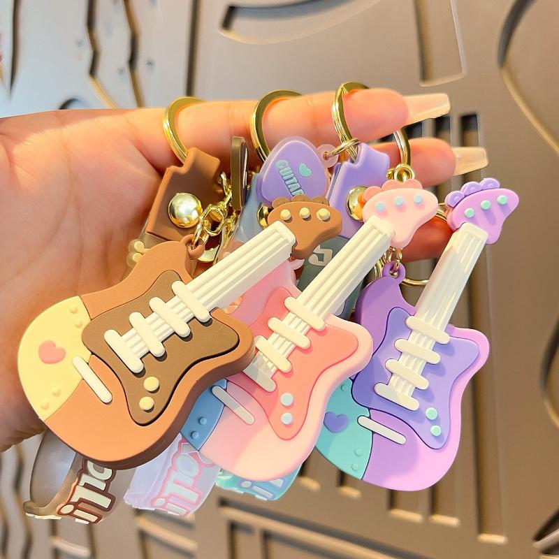 Cute Cartoon Guitar Shaped Silicone Keychain With Wrist Strap Pastel Design For Bag Decor Gifts For Music Lovers