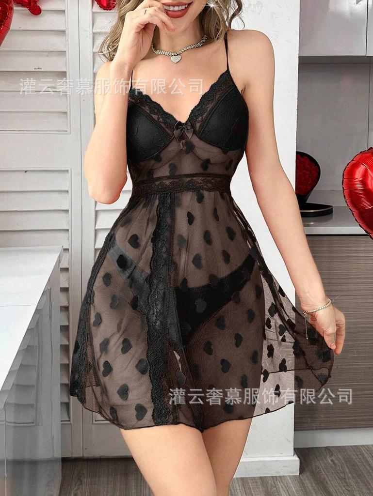 New Love Mesh Nightdress European and American Sexy Lace Perspective Suspender Nightdress Women's Sexy Pajamas