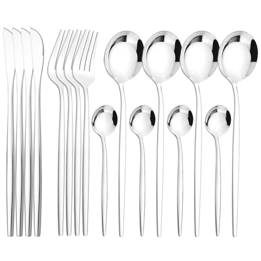 

16Pcs Dinnerware Set Stainless Steel Tableware Mirror Dinner Black Cutlery Set Knife Fruit Fork Spoon Silverware Kitchen Set серебряный