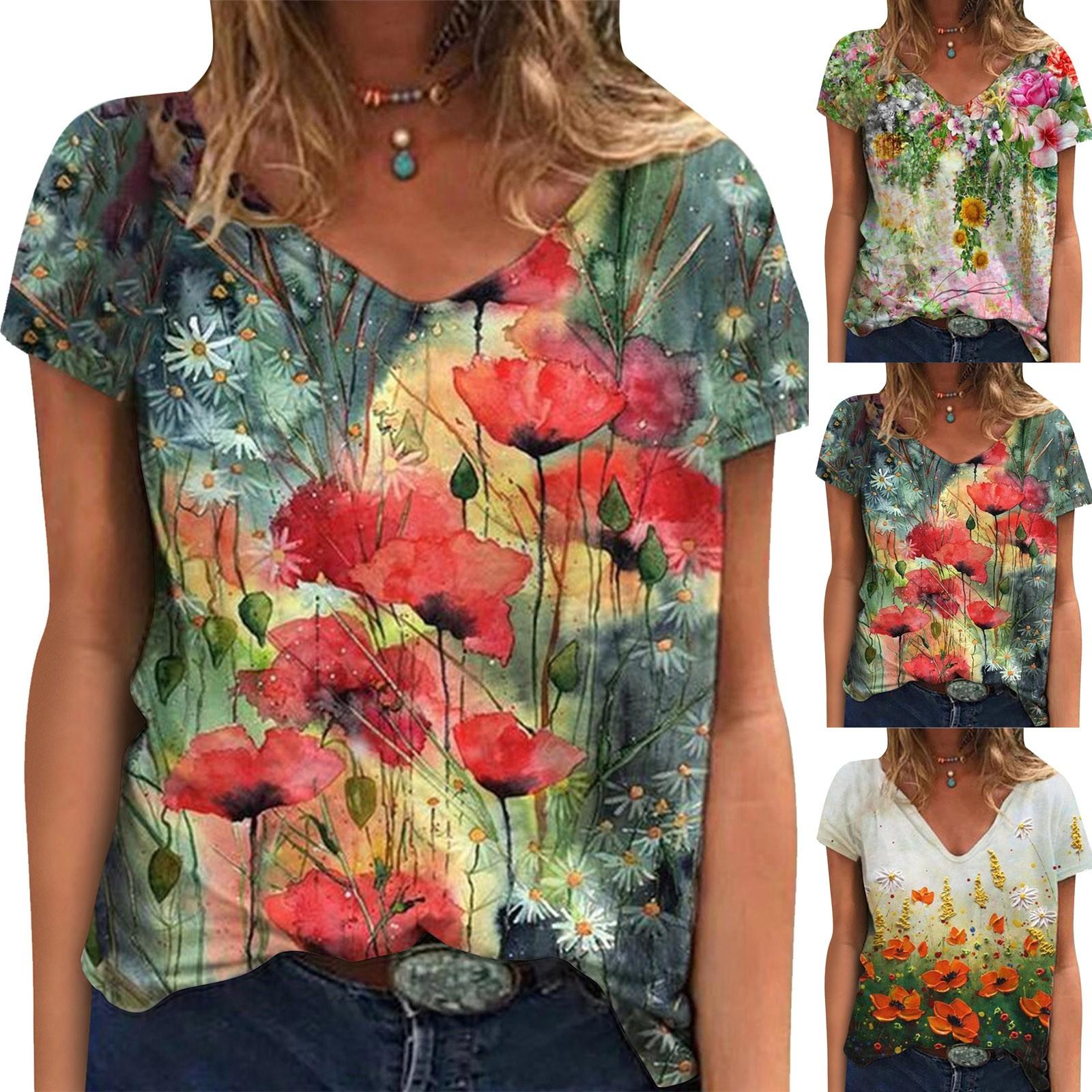 

(Куниде) Женская модная повседневная летняя рубашка с коротким рукавом с цветочным принтом и v-образным вырезом, футболка, топ