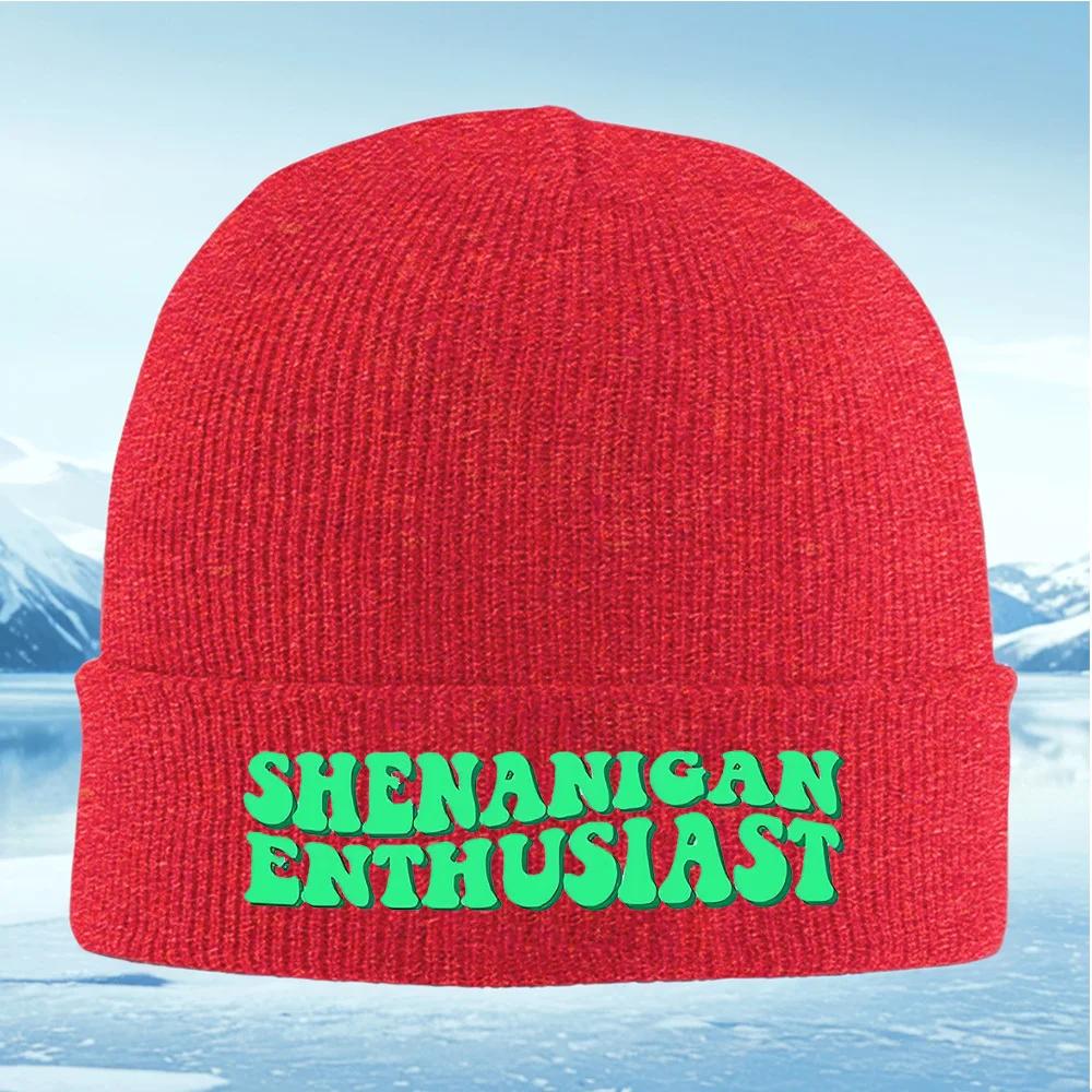Shenanigan Enthusiast green words on black Unisex Women Unisex Knitted Hat Beanie Pullover Cap Winter Thermal Warm Christmas Outdoo
