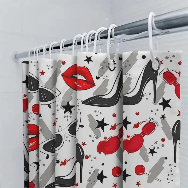 Stylish Personalized Shower Curtain Waterproof & Anti-Mold Bathroom Accessory High Heels Red Lips Sunglasses Pattern Easy-Clean