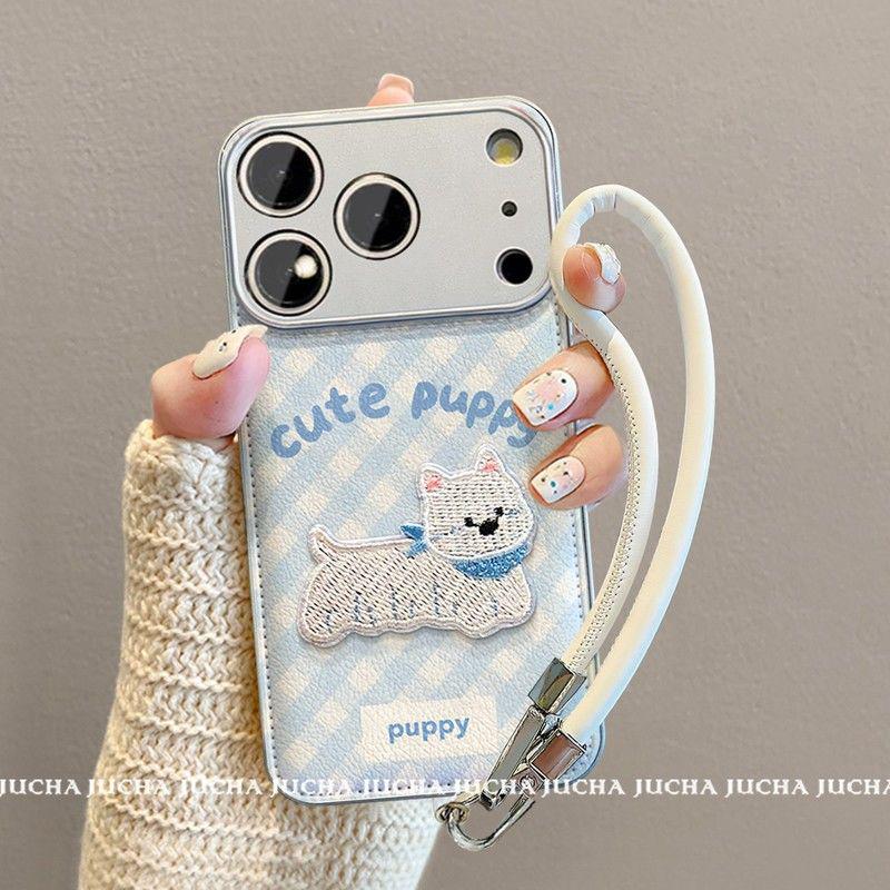 High-End Cute Blue Plaid Embroidery Puppy Phone Case for iPhone 15, 16 Pro Max, and 17