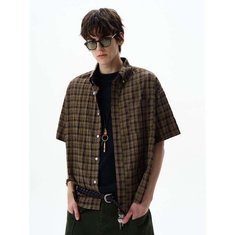 Madwitch American vintage Pleat Seersucker Short sleeve Shirts Men's and Women's Loose Casual Plaid Texture Top