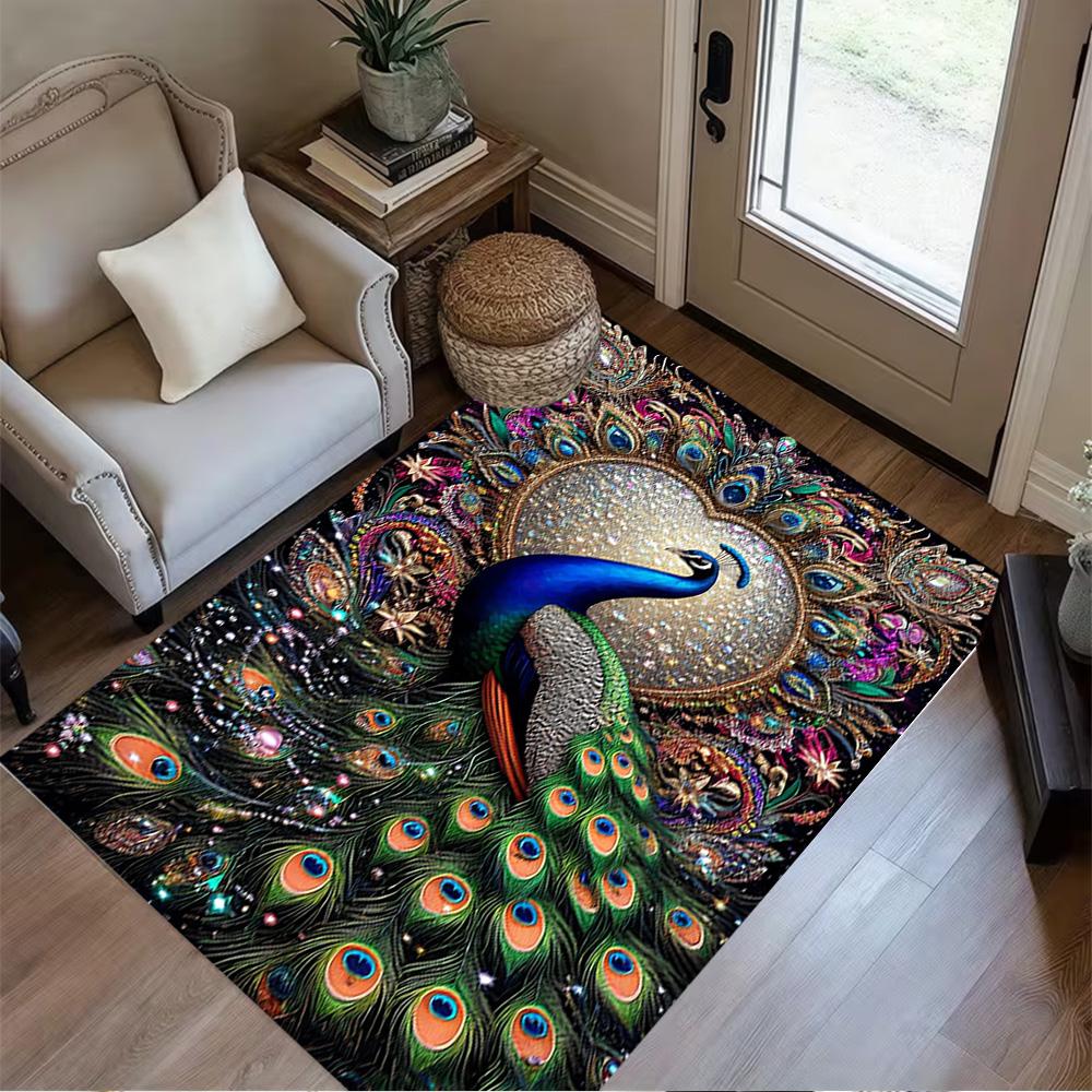 1pc Home Carpet Peacock and Flowers Non-Slip Design for Office Decor Living Room Bedroom Gift