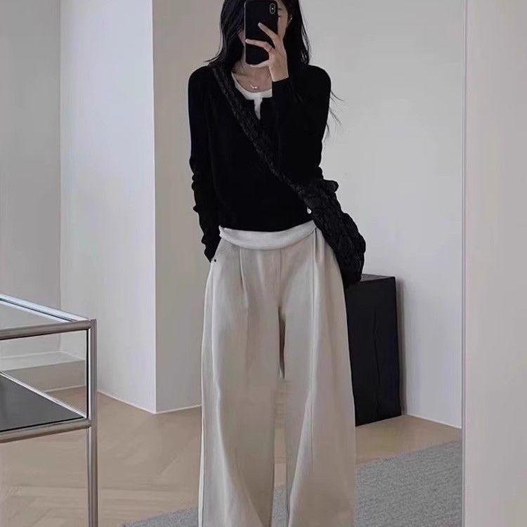 

Черная базовая футболка, новая весенне-осенняя футболка, корейская версия с имитацией двухслойного кроя, облегающая, с длинными рукавами, тонкий многослойный топ S чёрный