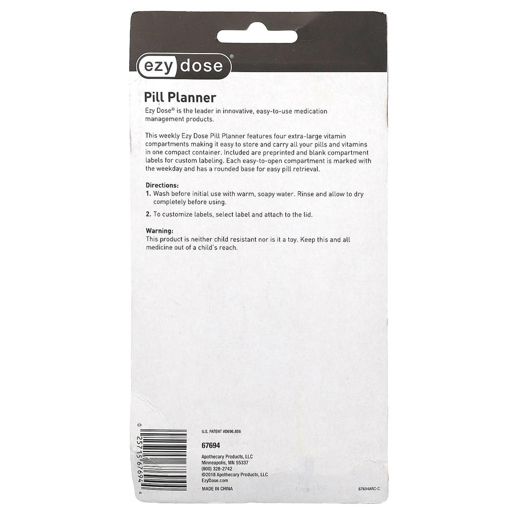 Weekly Pill Planner, Vitamin Bins & Labels, 1 Count