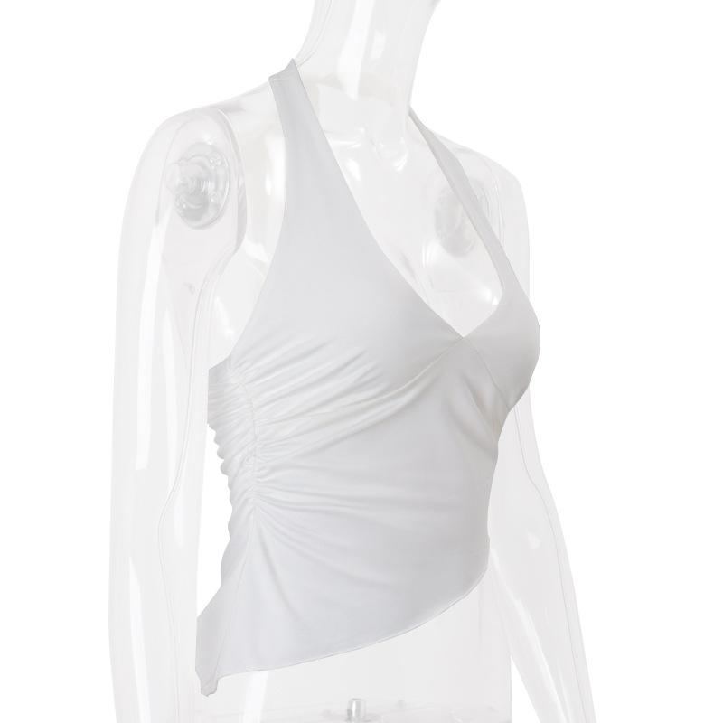 Casual Solid Women Halter Crop Top Y2K Elegant V neck Sleeveless Fold Summer Tees Formal Streetwear Sporty Female Vest