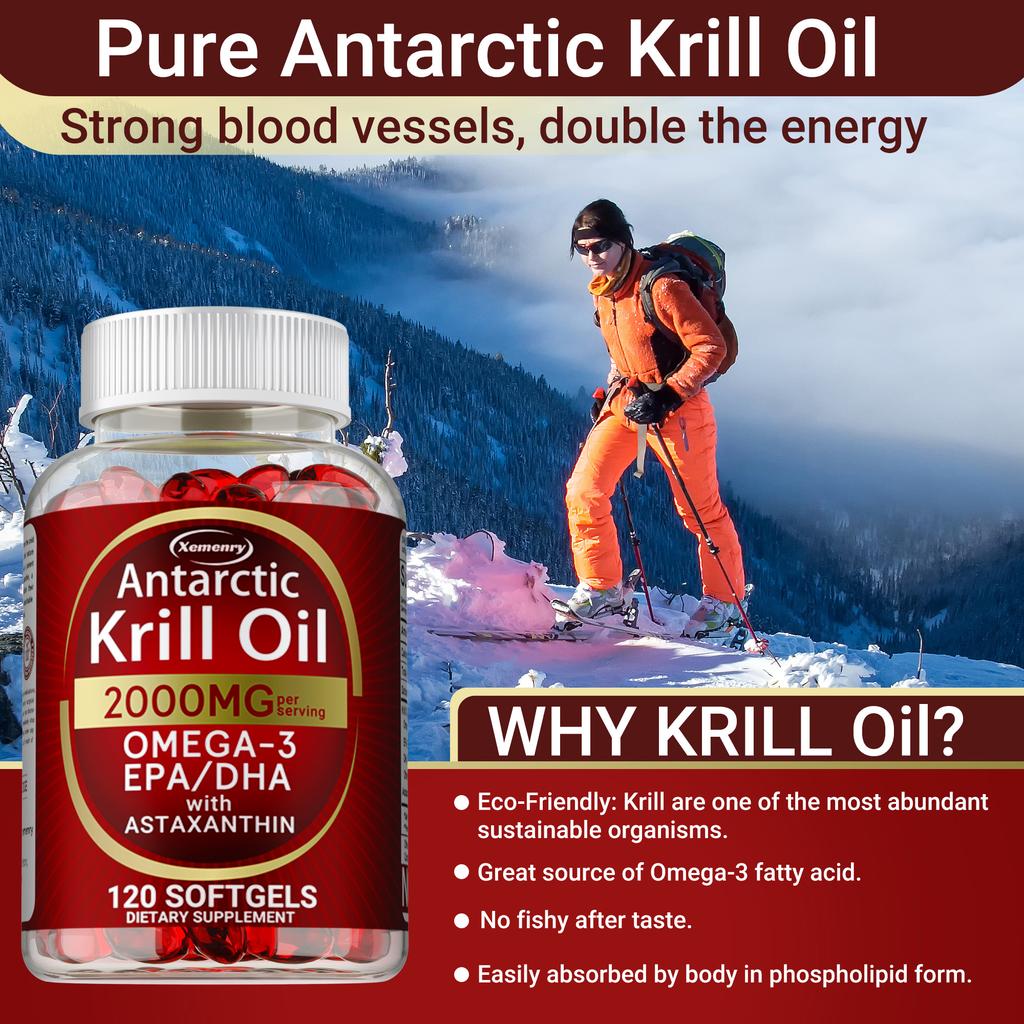 Olio di Krill Antartico 2000 mg con Omega-3 EPA, DHA, Astaxantina e Fosfolipidi, Senza Glutine, Non-OGM