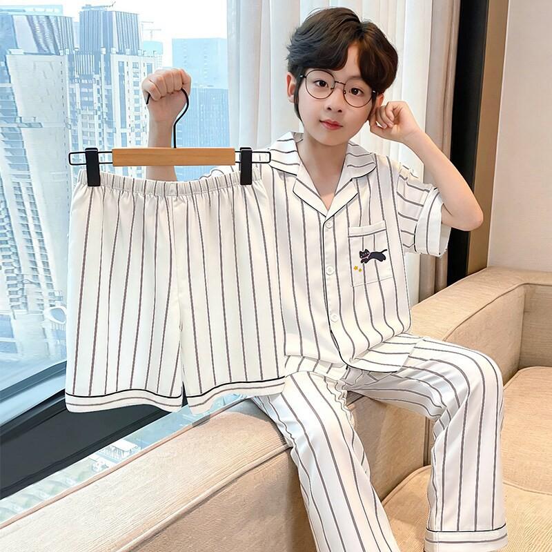 Boys Ice Silk Pajama Set Short Sleeve Sleepwear Kids Teens 8 Years Lightweight Breathable Home Wear