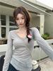 Gyaru Sexy Thin Slightly Transparent V-neck Knit T-shirt Women Summer Pure Desire Long Sleeve Sun Protection Cover Up Slim