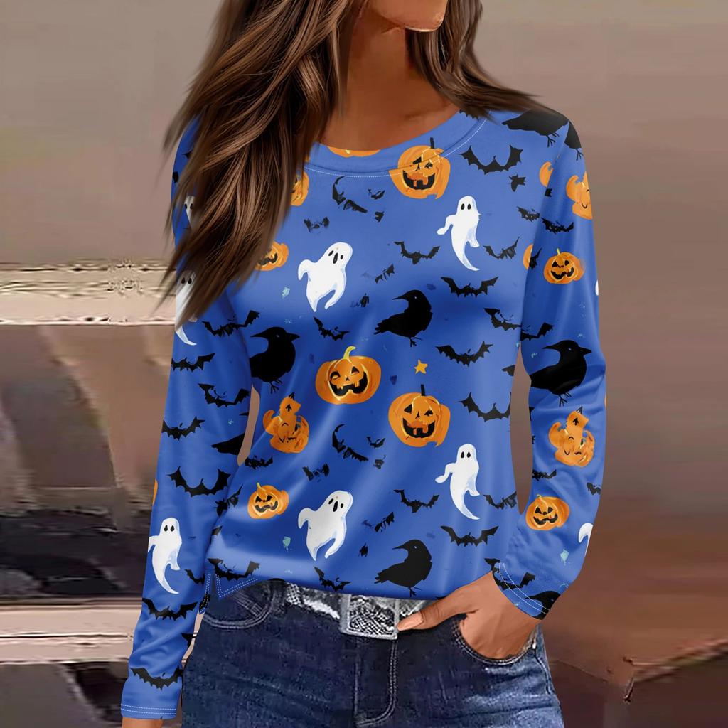 Women's Fashion Hem Slit Casual Halloween Printed Round Neck Long Sleeve Top