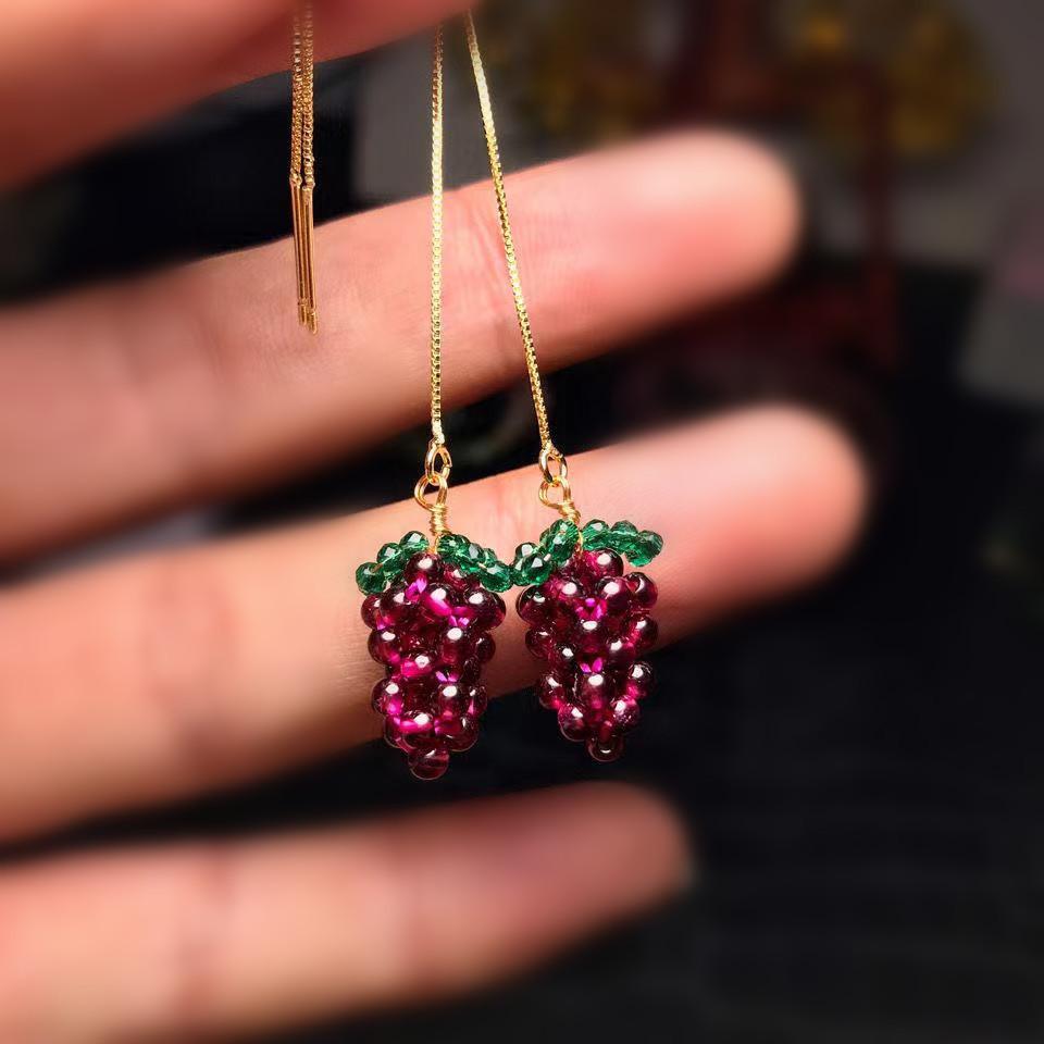 Natural Burgundy Garnet Woven Grape Earrings 14K Gold Ear Hooks, Garnet Grape Earrings