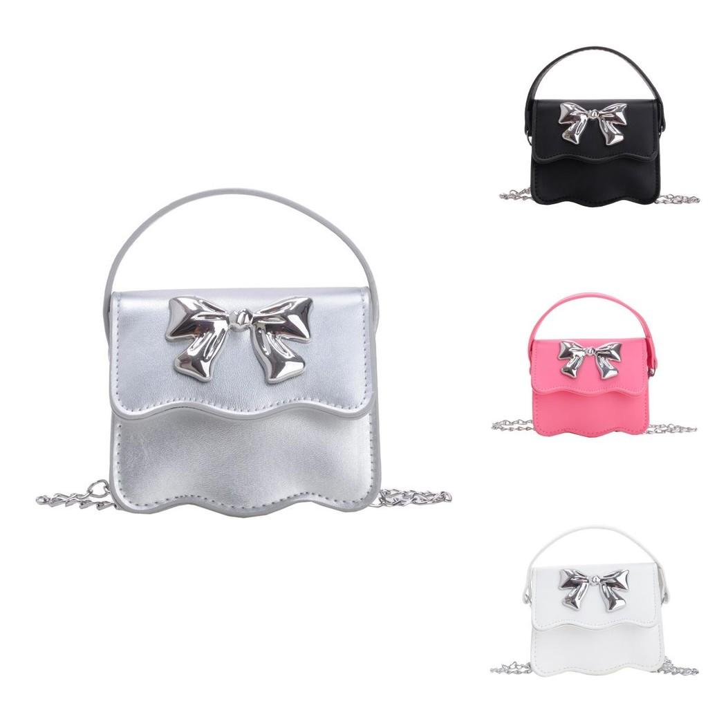 Cute Solid Color Silver Bow Decoration Kid Mini Shoulder Chain Bag For Summer Casual Wear