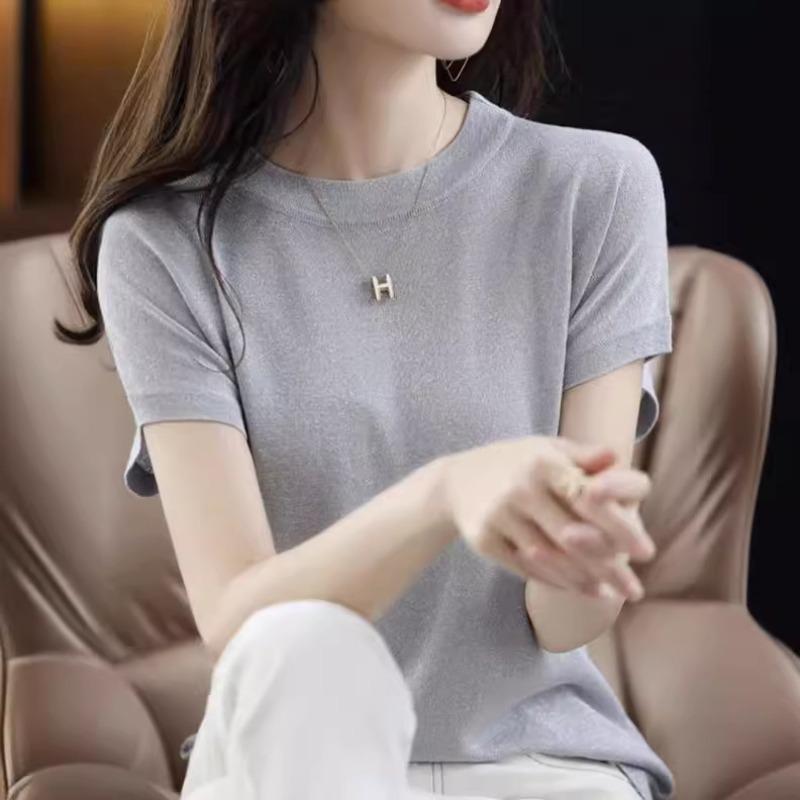 Women's Knitted Short Sleeved T-shirt Loose Ice Silk T-shirt Bright Silk Breathable Shirt