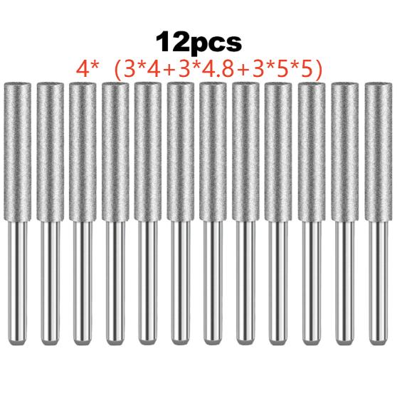 12Pcs/set Coated Cylindrical Burr  Chainsaw Sharpener Stone File Chain Saw Sharpening Carving Grinding Power Tools 3-5.5mm
