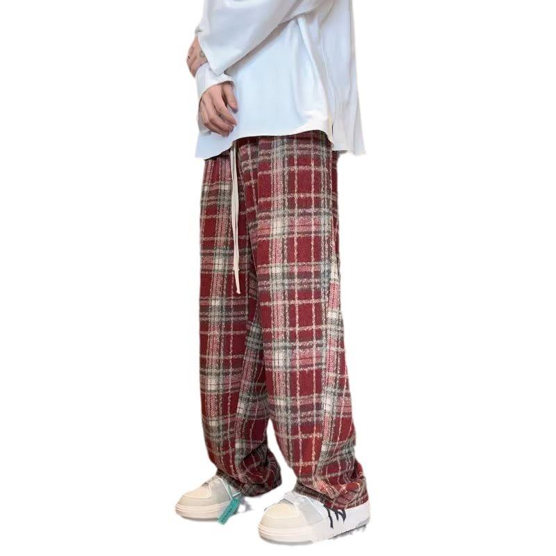 Plaid pants men's and women's spring and autumn classic retro Hong Kong style casual straight-leg pants, thin and narrow wide-leg pants