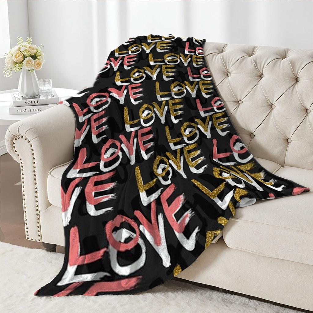 Love Print Flannel Throw Blanket Colorful Repeating Design Soft Cozy Fleece for Home Office Sofa and Car All Season Gift