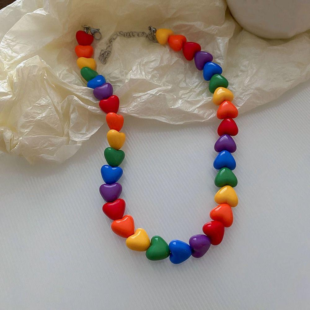 

Pride Collarbone Chain Acrylic Love Heart Beaded Necklace Rainbow Necklace Festival Gift Rainbow Love