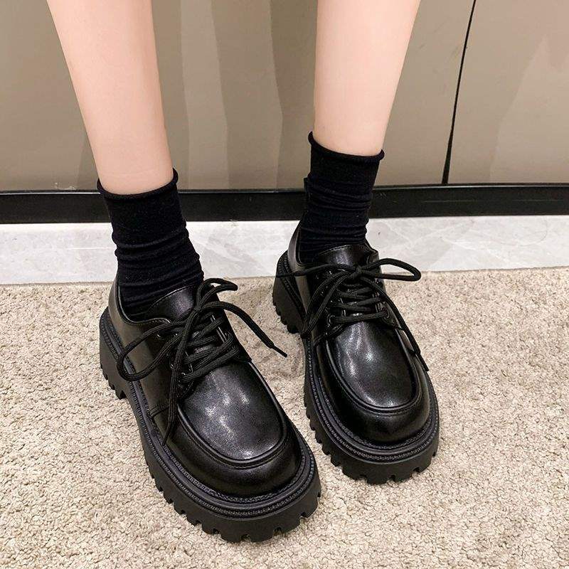 Chaussures basses à lacets en cuir véritable très souple pour le printemps et l'automne, dentelle noire, semelle épaisse, velours quatre saisons, style britannique, petites chaussures en cuir