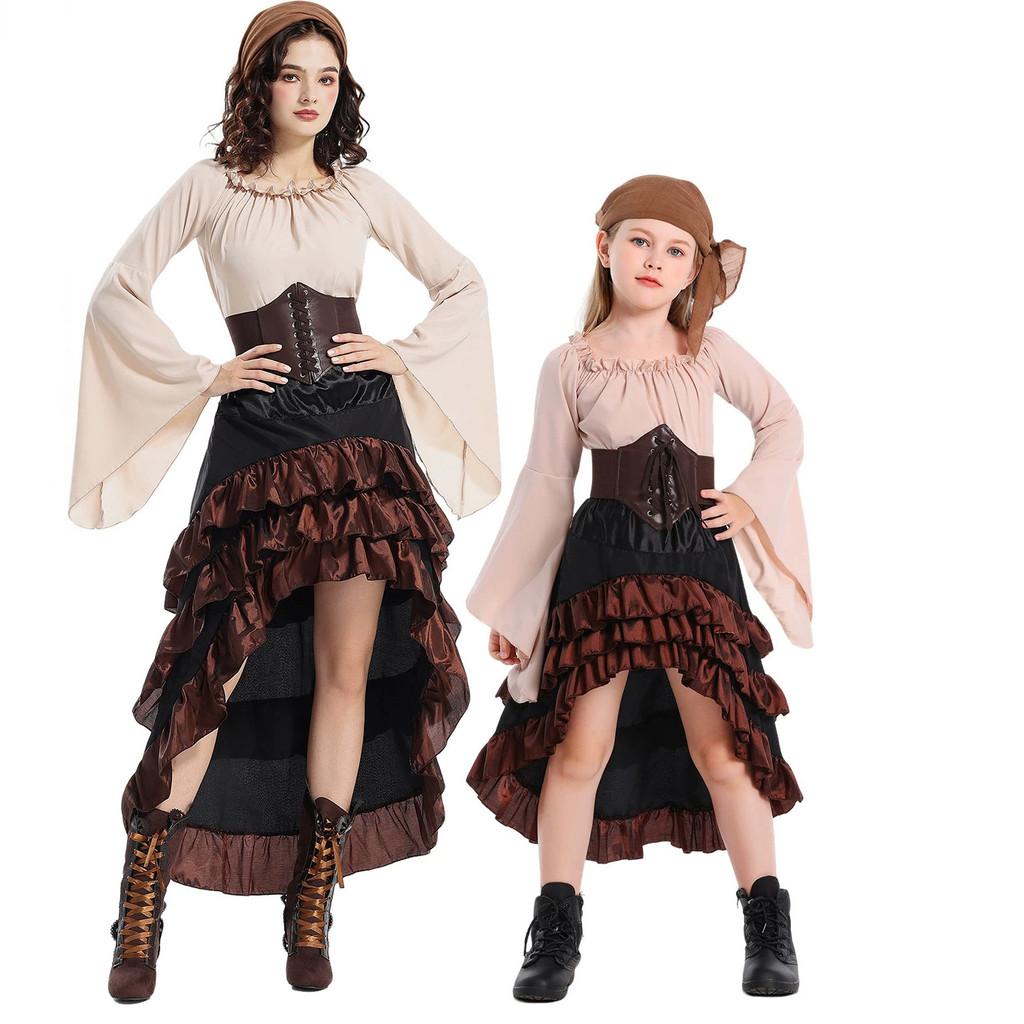 Středověký pirátský rodinný kostýmový set s volánovými dlouhými šaty pro Halloween Cosplay