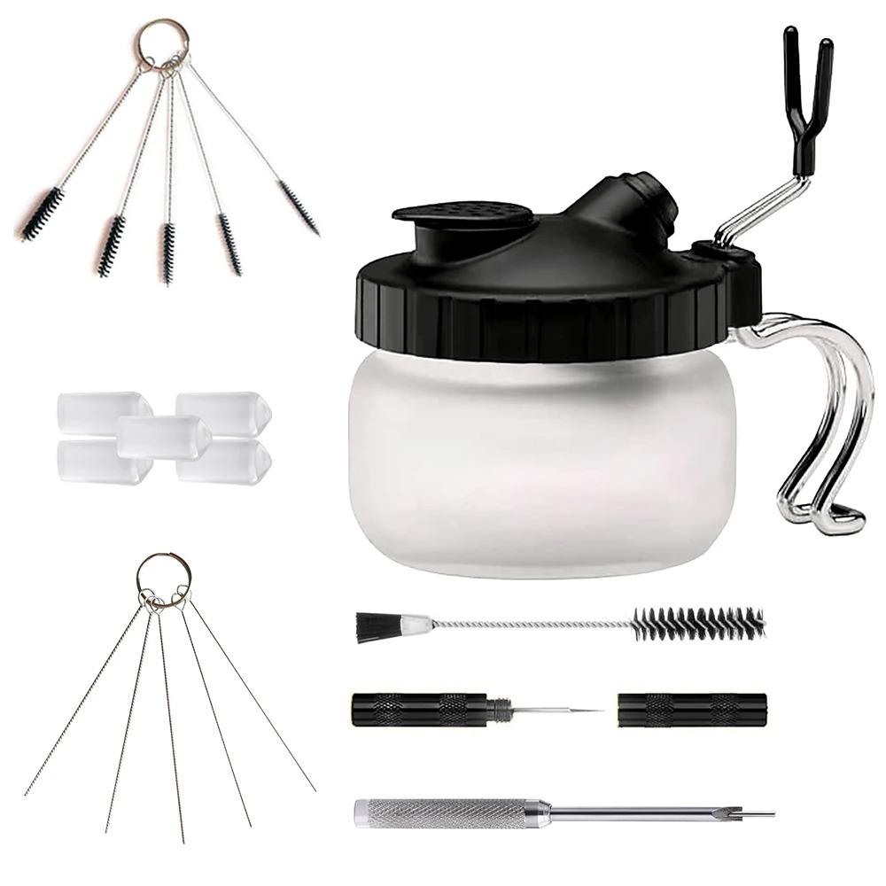 Airbrush Cleaning Kit Clean Pot Jar with Holder and Cleaning Brushes/Needles Double–Ended Brush AirBrush Protection Covers