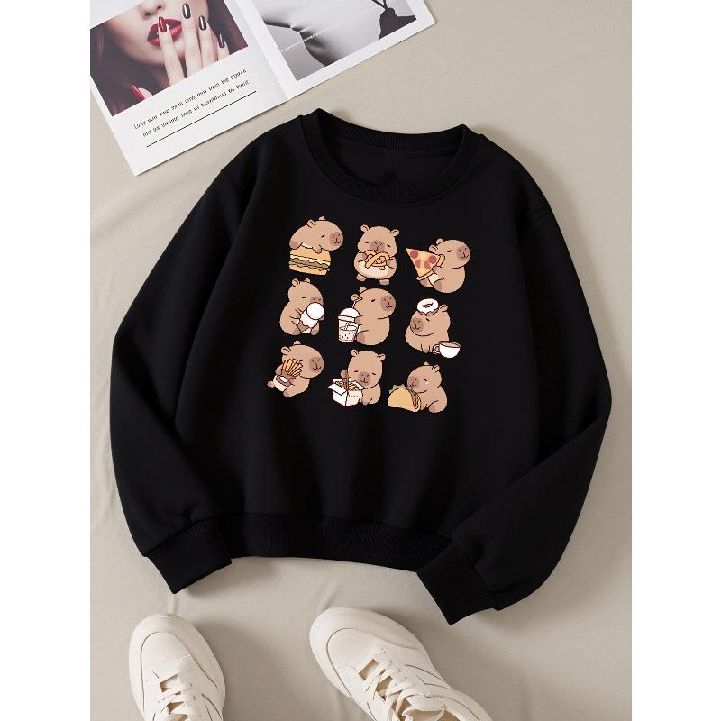 European sizes Adorable Capybara-Themed Crewneck Sweatshirt for Kids, Featuring a Food-Eating Design. Ideal for Both Sports And Casual Occasions
