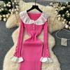 Spring Autumn Women Sweet Peter Pan Collar Knitted Sweater Long Midi Slim Mermaid Dresses