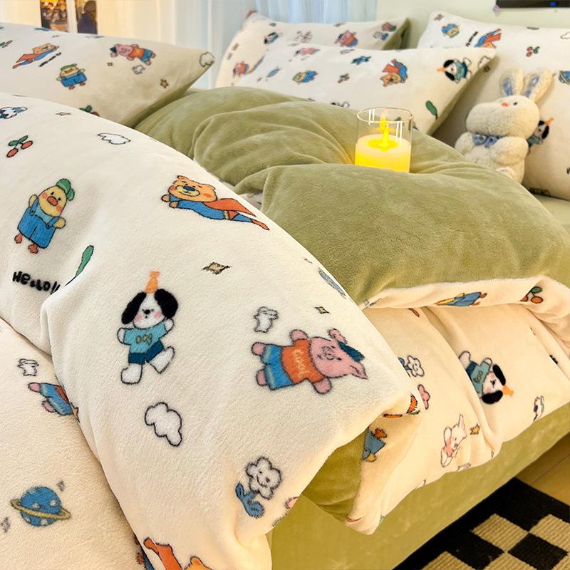 Thickened Milk Fleece Four-Piece Set Double-Sided Fleece Coral Fleece Quilt Cover Sheet Three-Piece Set