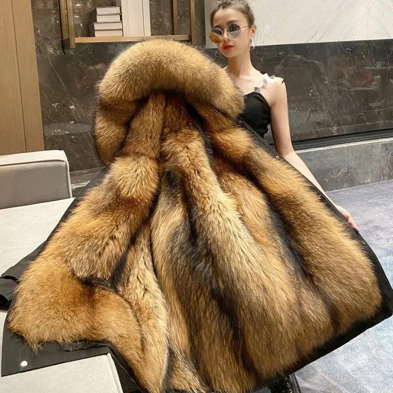 WTEMPO Autumn Winter Women Loose Detachable Faux Fur Lining Coats Large Size Solid Color Casual Hooded Jackets Women's Warm Long Parkas