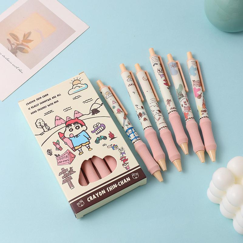 6Pcs Cartoon Crayon Shin-Chan Gel Pen Cute 0.5Mm Black Ink Quick-Drying Writing Smooth Pens Student Stationery Office Supplies