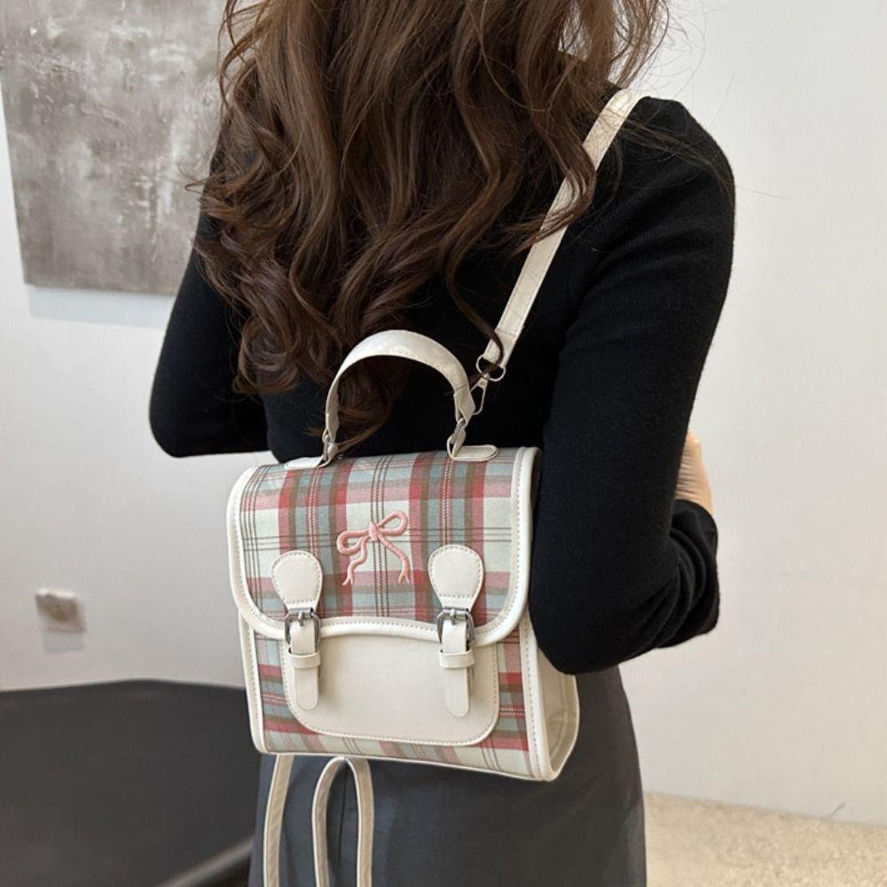 Mochila com Grade e Laço Bolsa de Mão PU para Adolescentes Bolsa Escolar Criativa Feminina Bolsa Transversal Presente