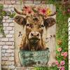 Metal Poster Wall Art Cow Flowers Rustic Style for Garage