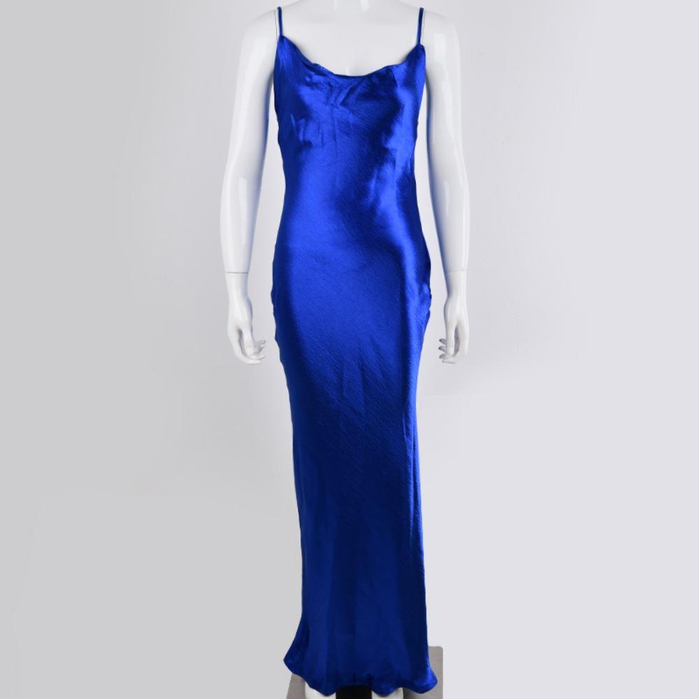 Women's Cowl Neck Sleeveless Midi Dress Fitted High Waist Elegant Satin Spaghetti Strap Backless Evening Dress