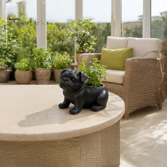 Mini Planter with Storage 3D Printed Pug Figurine Planter, Realistic Dog Statue Back Planting Slot, Matte Black Decor for Succulents Office