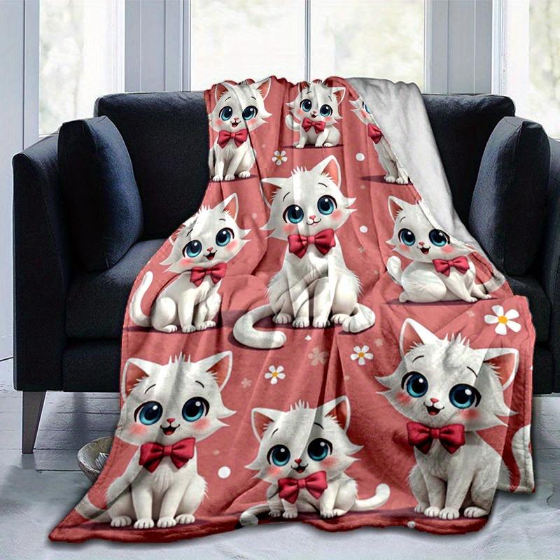 1PC Cute White Cat with Bowknot Cartoon Blanket, for Decorating Your Own Sofa and Living Room, Super Soft Flannel, for All Season Use, Bed,