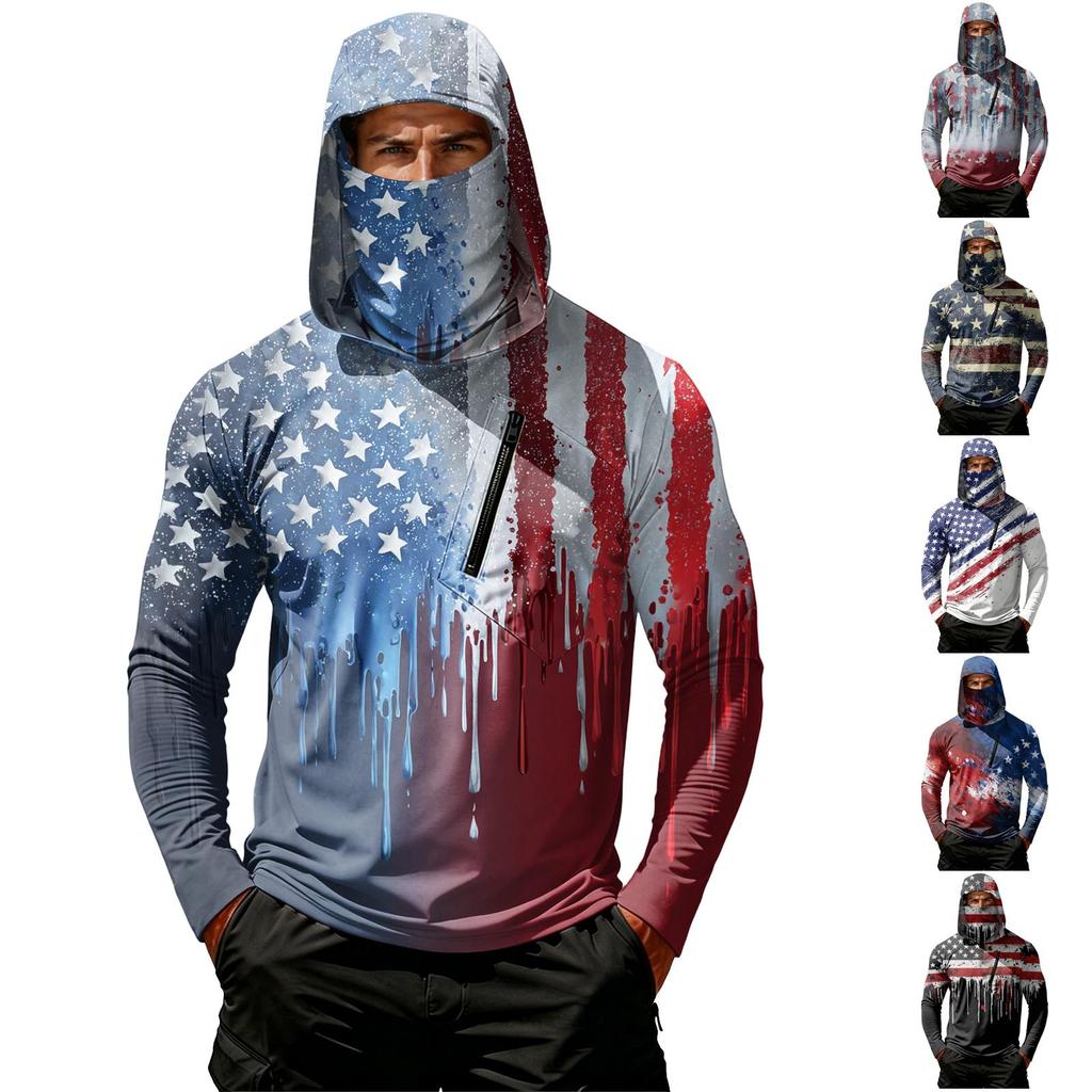Men’s Casual Long Sleeve Hoodie with Independence Day Print Lightweight Sun Protection Pullover Top with Front Pocket Slash Design