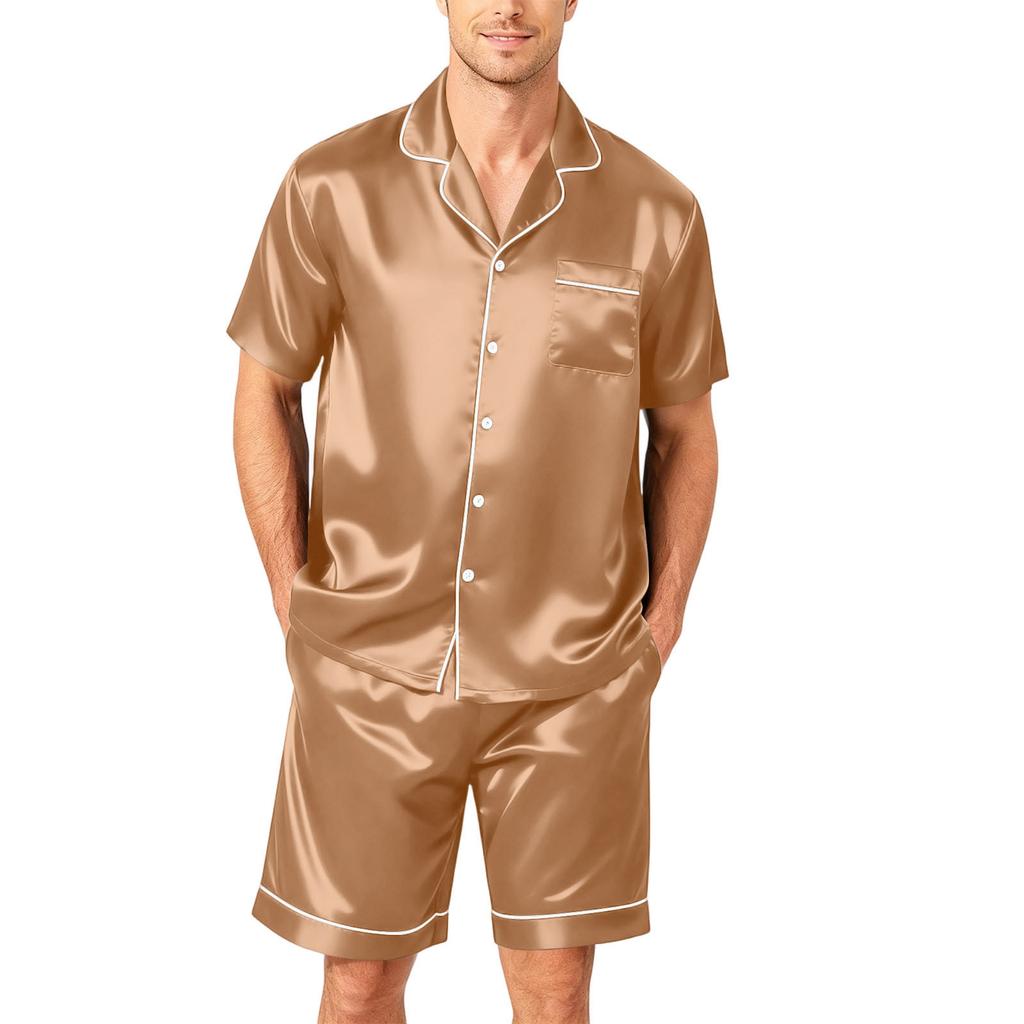 Men's Short Sleeve Button Down Pajama Set with Sleep Shorts Soft Casual Two-Piece Nightwear for Home Size S-4XL