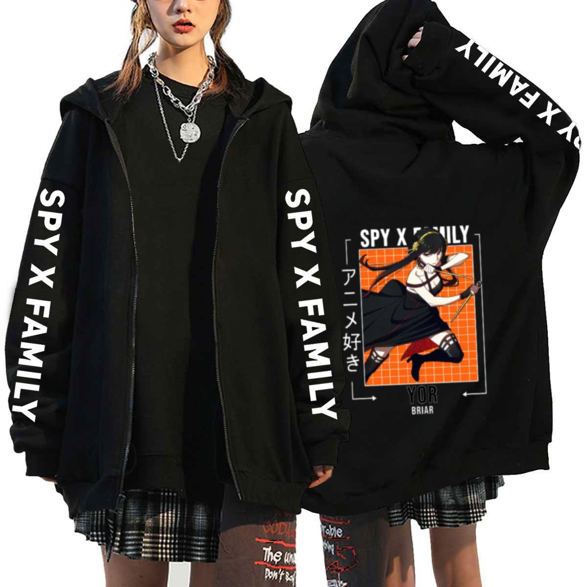 

Harajuku Anime Spy X Family Anya and Yor Graphic Print Hooded Чоловіки Жінки Толстовки на блискавці Повсякденний світшот Унісекс Куртка на блискавці XS чорний/червоний