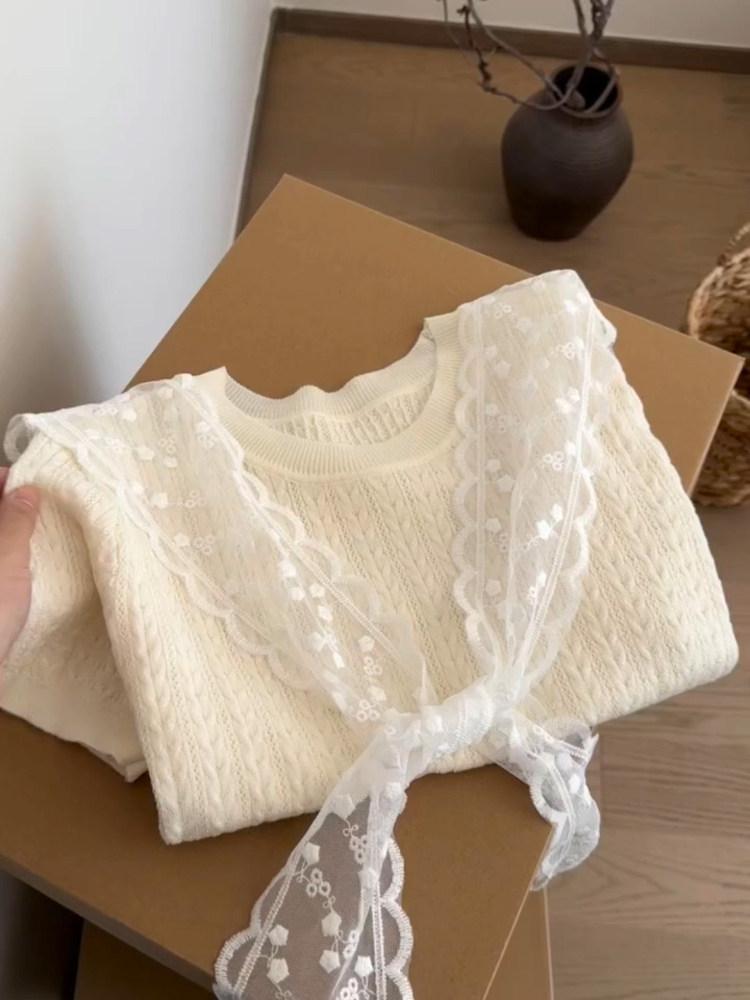 Twist texture beige knitted sweater short-sleeved women s spring and summer with lace shawl bottoming top with T-shirt inside S