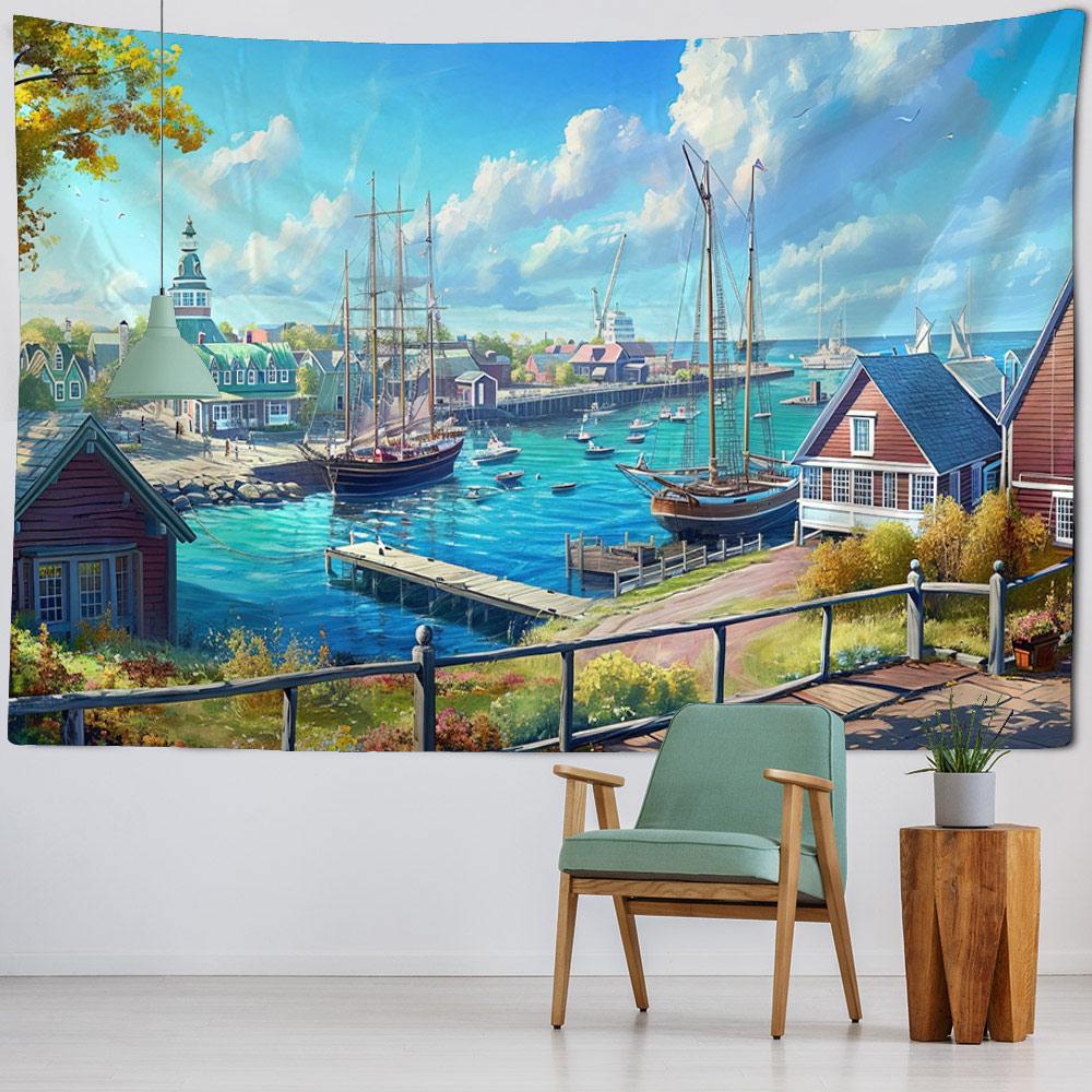 Sea View Oil Painting Printed Tapestry Wall Hanging Living Room Bedroom Wall Decoration Outdoor Picnic Bed Sheets Beach Mats