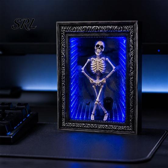 Dark Style Home Decor LED Dancing Skeleton Frame Decor, Glowing Spooky Night Light for Decorative Picture Holder Desk Shelf, Halloween Party