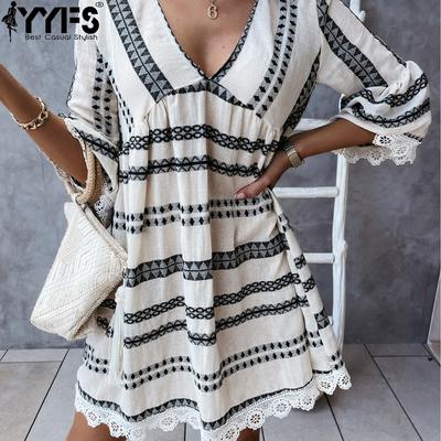 Moda damă vară primăvară imprimeu geometric cu mâneci 3/4 decolteu în v talie lejeră rochii casual
