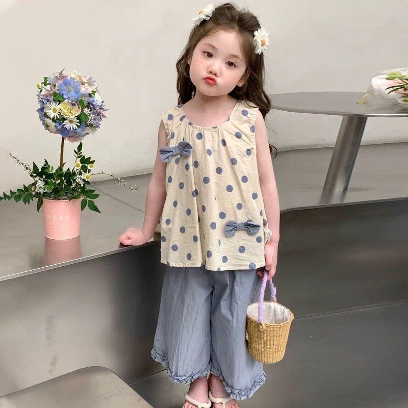 Summer Girls Cotton Polka Dot Bow Vest And Wide Leg Pants Two Piece Set