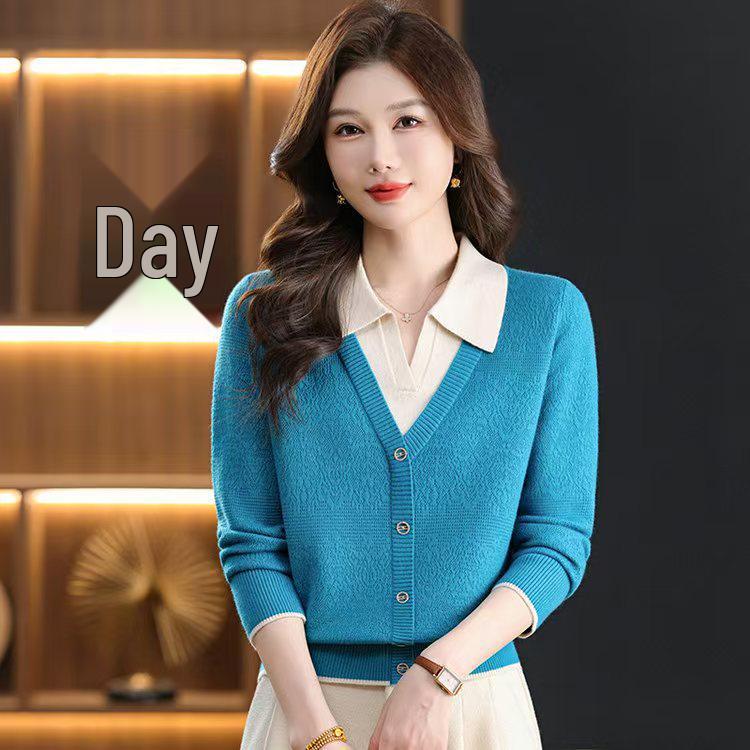 Women's Color Block Knit Sweater with Lapel and Faux Two-Piece Design